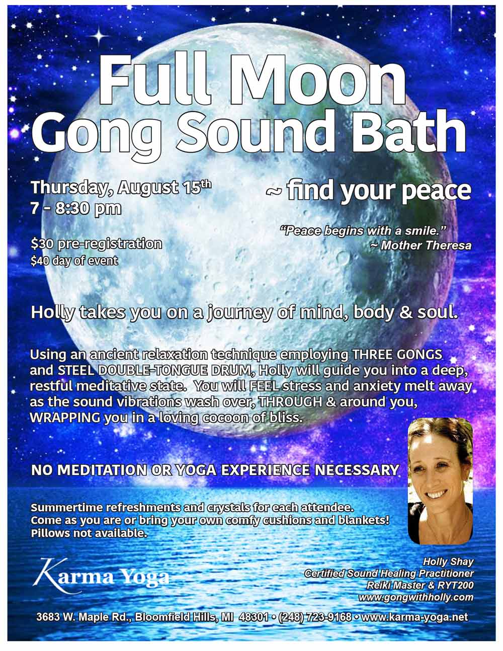 Full Moon Gong Sound Bath, August 15th, Karma Yoga, Bloomfield Hills, MI