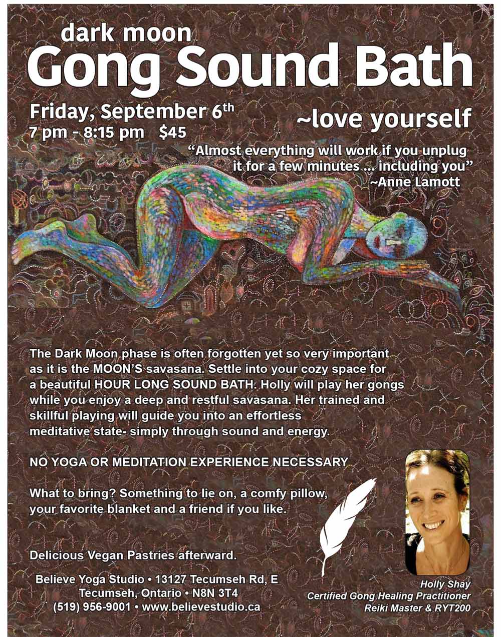 Dark Moon Gong Sound Bath, September 6, Believe Yoga Studio, Tecumseh, Ontario 