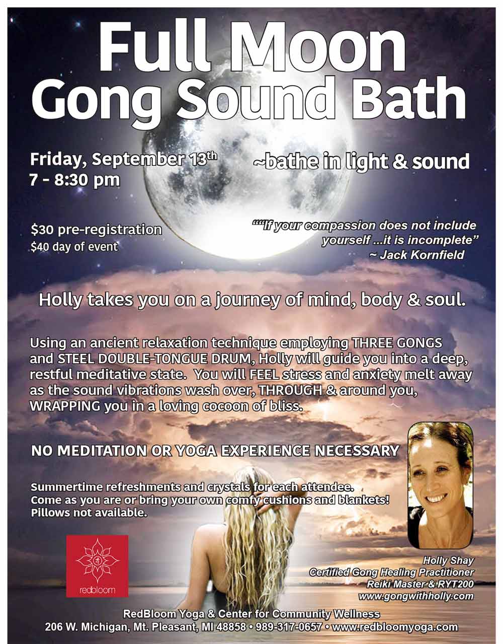 Full Moon Gong Sound Bath, Sept 13, RedBloom Yoga, Mt. Pleasant Holly Shay Certified Gong Healing Practitioner Reiki Master & RYT200