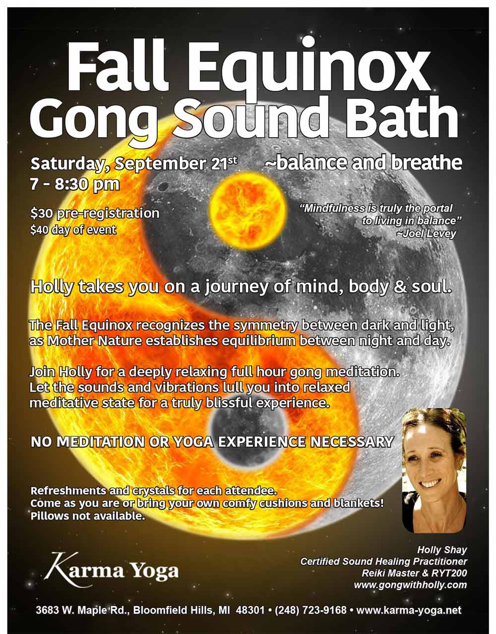 Fall Equinox Gong Sound Bath, Sept 21st, Karma Yoga, Bloomfield Hills Holly Shay Certified Sound Healing Practitioner Reiki Master & RYT200 www.gongwithholly.com