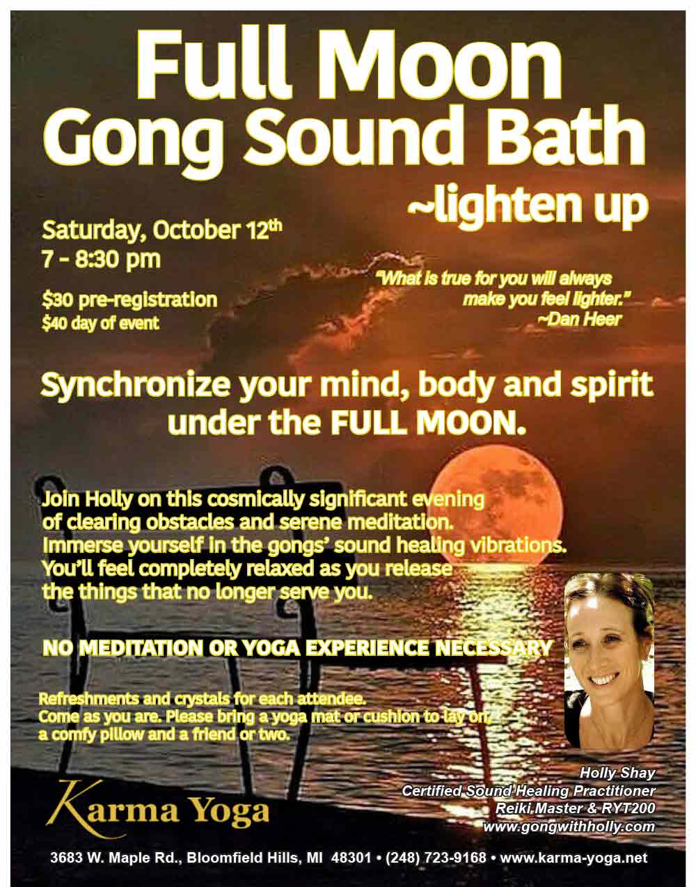 Full Moon Gong Sound Bath, Oct 12,  7pm, Karma Yoga, Bloomfield Hills, MI