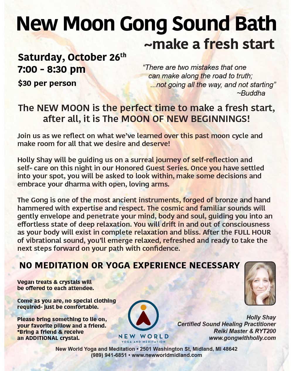 New Moon Gong Sound Bath. New World Yoga and Meditation, Midland, MI