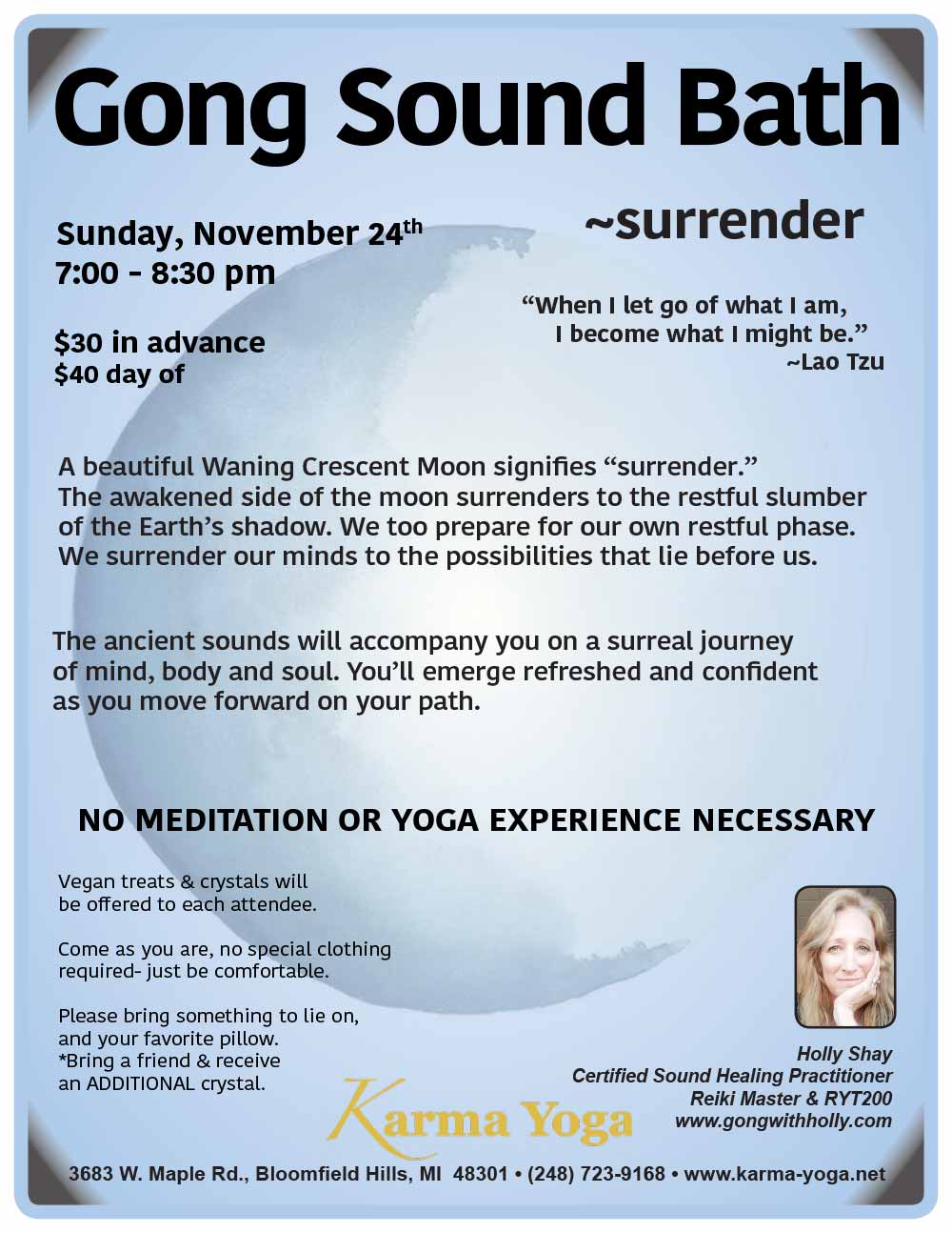 Gong Sound Bath, Nov 24, 7pm, Karma Yoga, Bloomfield Hills, MI