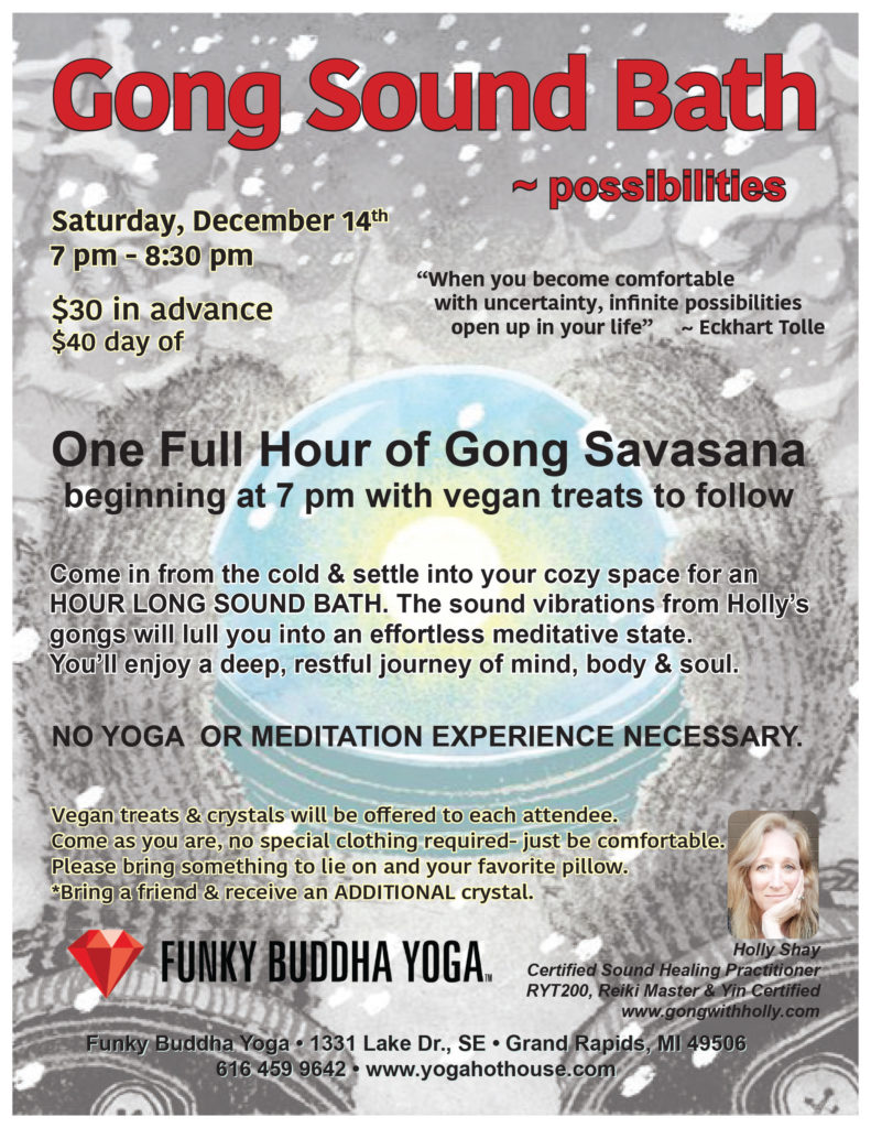 Gong Sound Bath, Dec 14, 7pm, Funky Buddha Yoga, Grand Rapids, MI