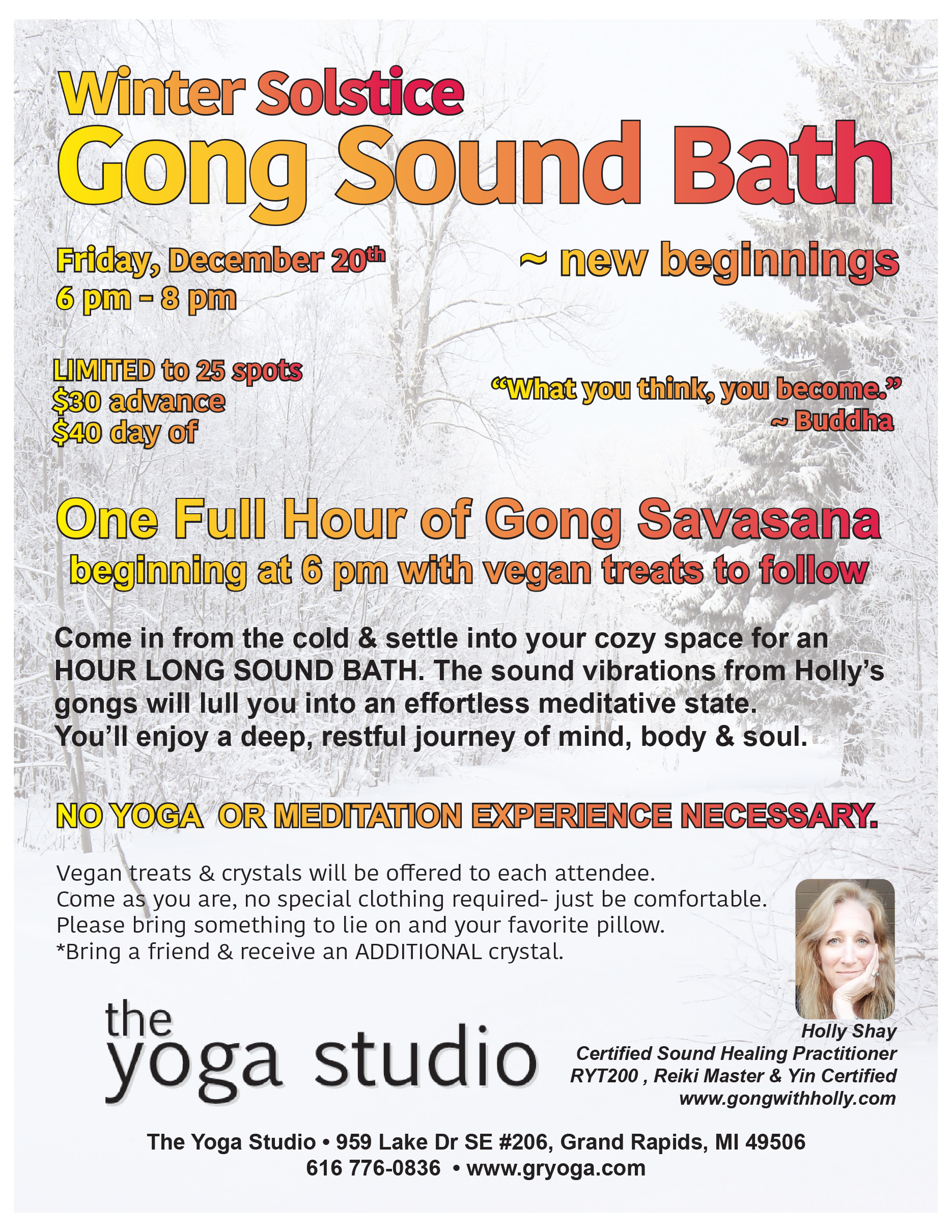 Gong Sound Bath Winter Solstice, Dec 20, 6 pm, The Yoga Studio, Grand Rapids, MI