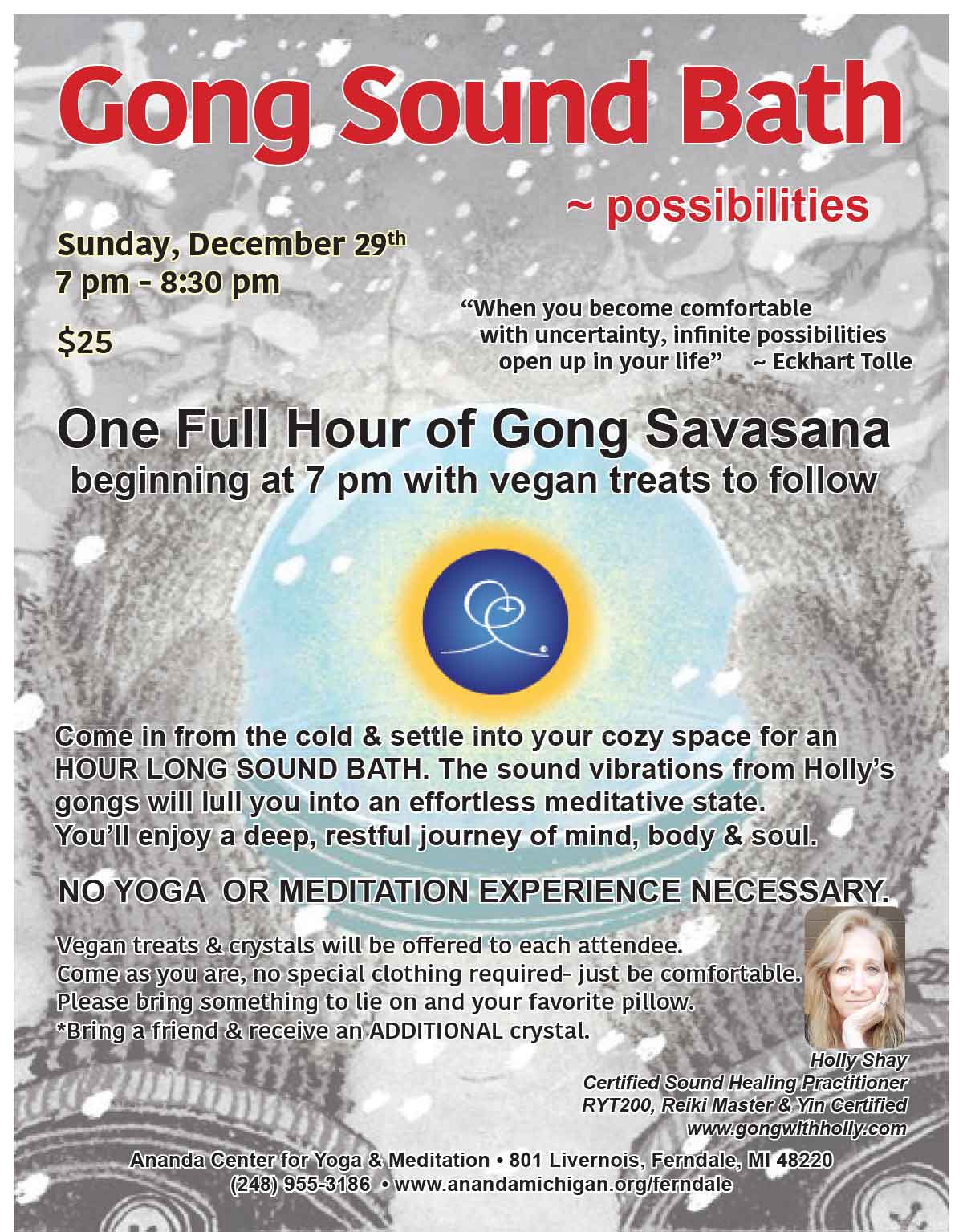 Gong Sound Bath ~ possibilities, Dec 29, 7pm, Ananda Center for Yoga & Meditation, Ferndale, MI
