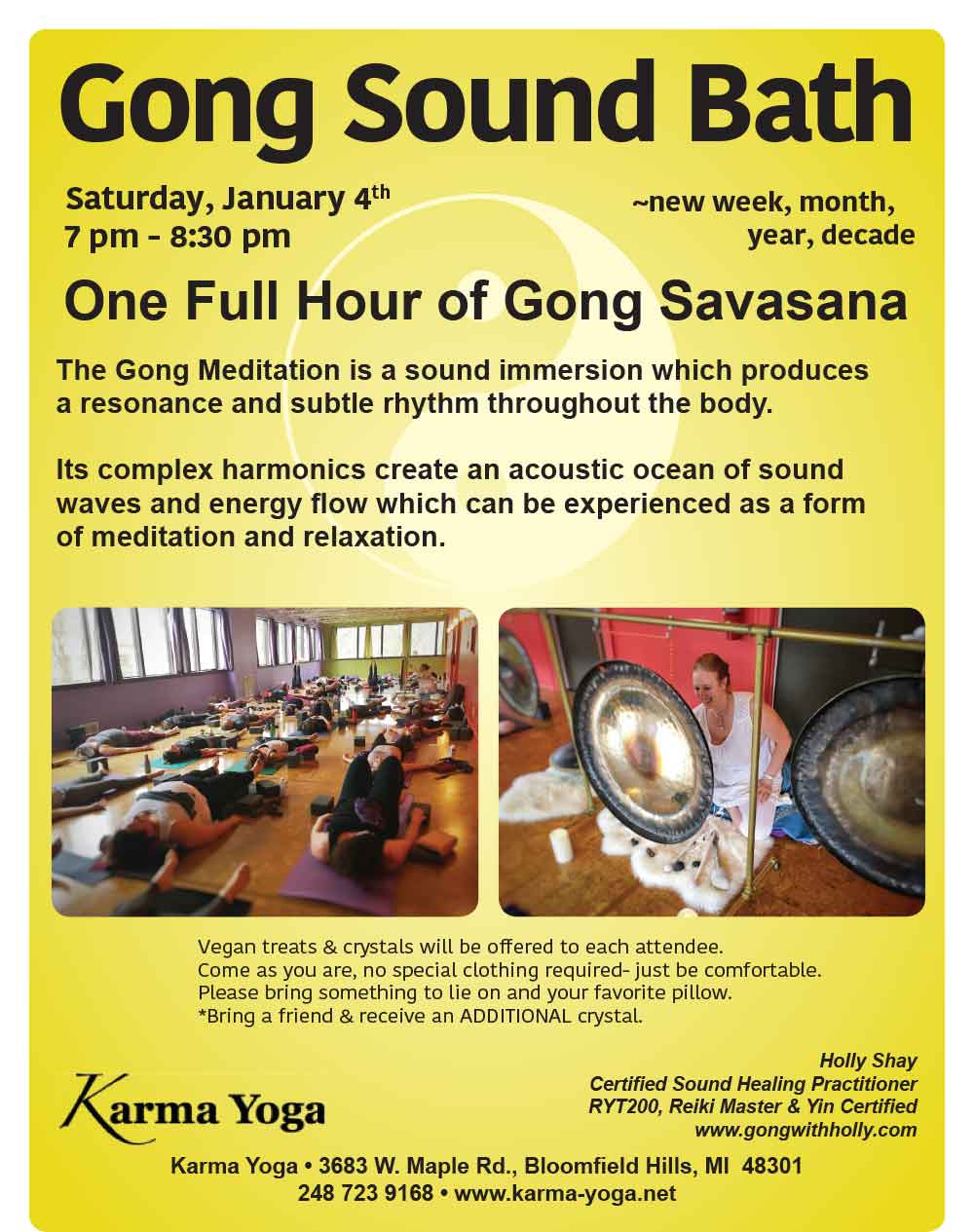 Gong Sound Bath, January 4, 7pm, Karma Yoga, Bloomfield Hills, MI