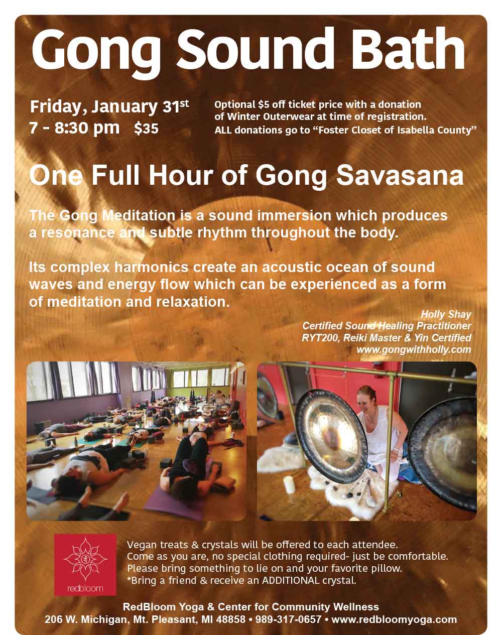 Gong Sound Bath, January 31, 7pm, RedBloom Yoga, Mt. Pleasant, MI