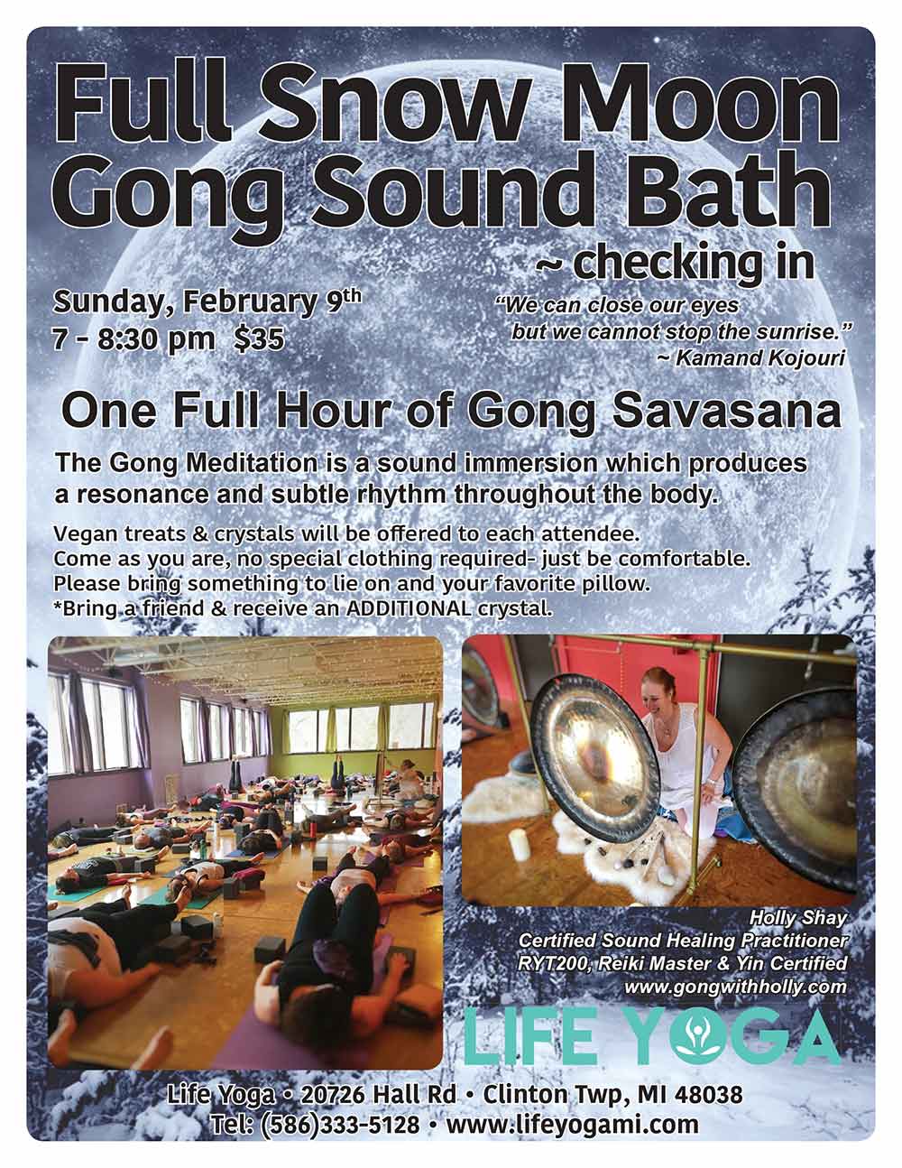 Gong Sound Bath, February 9, 7pm, Life Yoga, Clinton Twp., MI