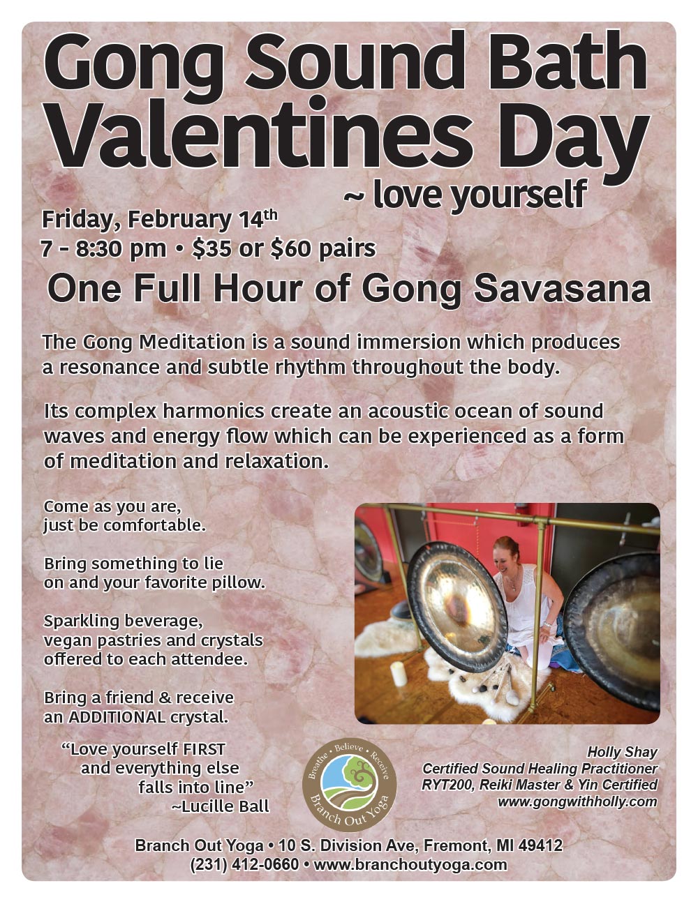 Gong Sound Bath Valentines Day, Feb 14, 7pm, Branch Out Yoga, Fremont, MI