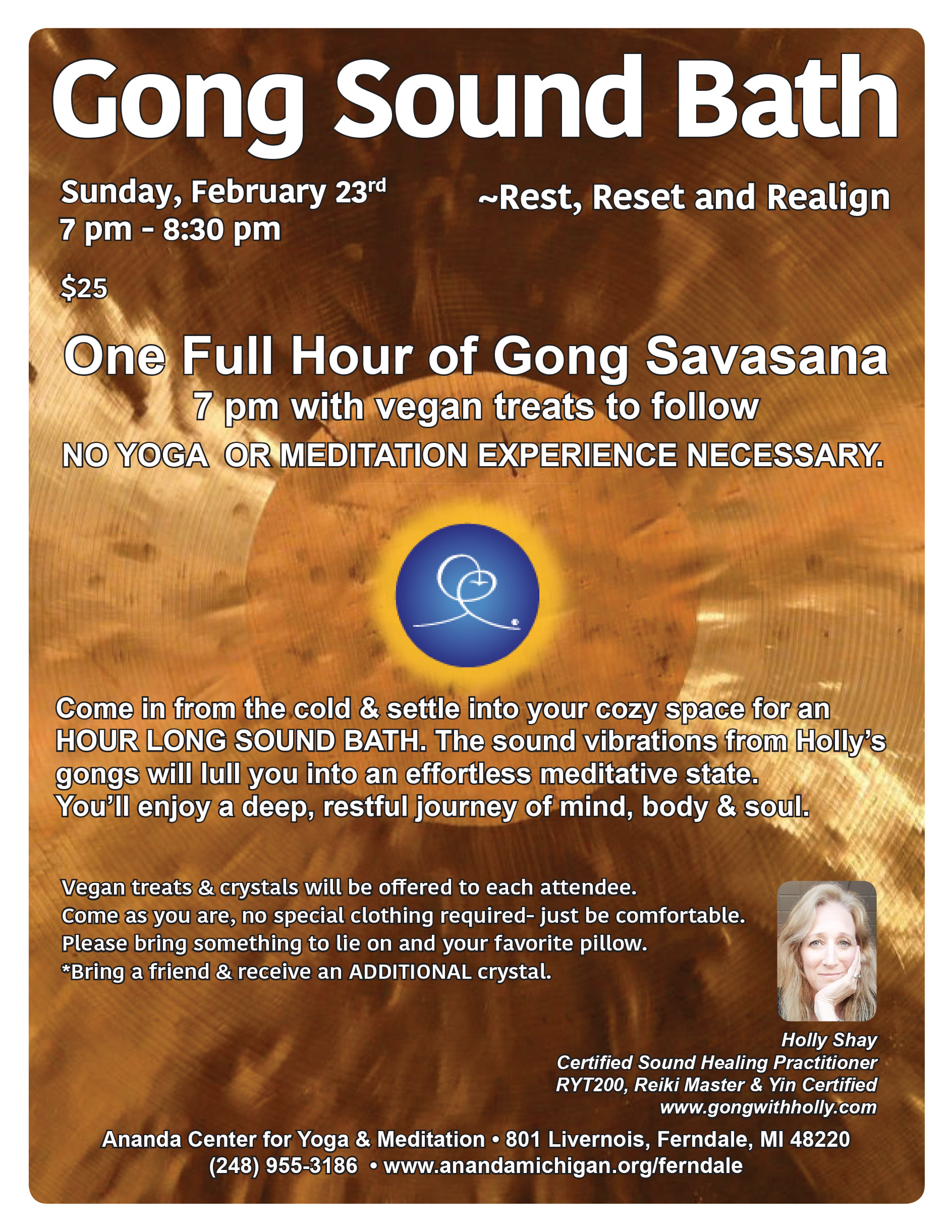 Gong Sound Bath, Sun Feb 23, 7pm, Ananda Center for Yoga & Meditation, Ferndale, MI