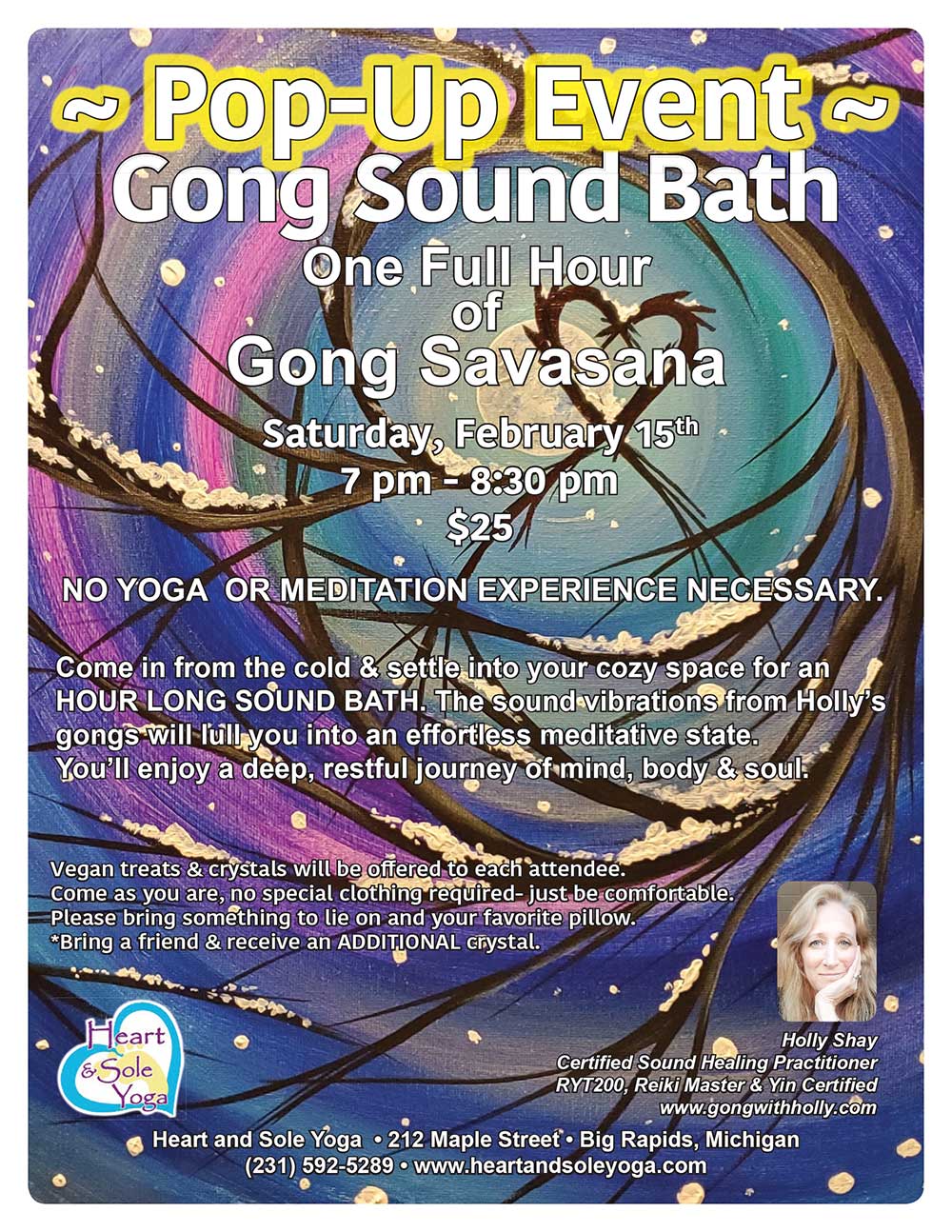 Gong Sound Bath, Feb 15, 7pm, Heart and Sole Yoga, Big Rapids, Michigan