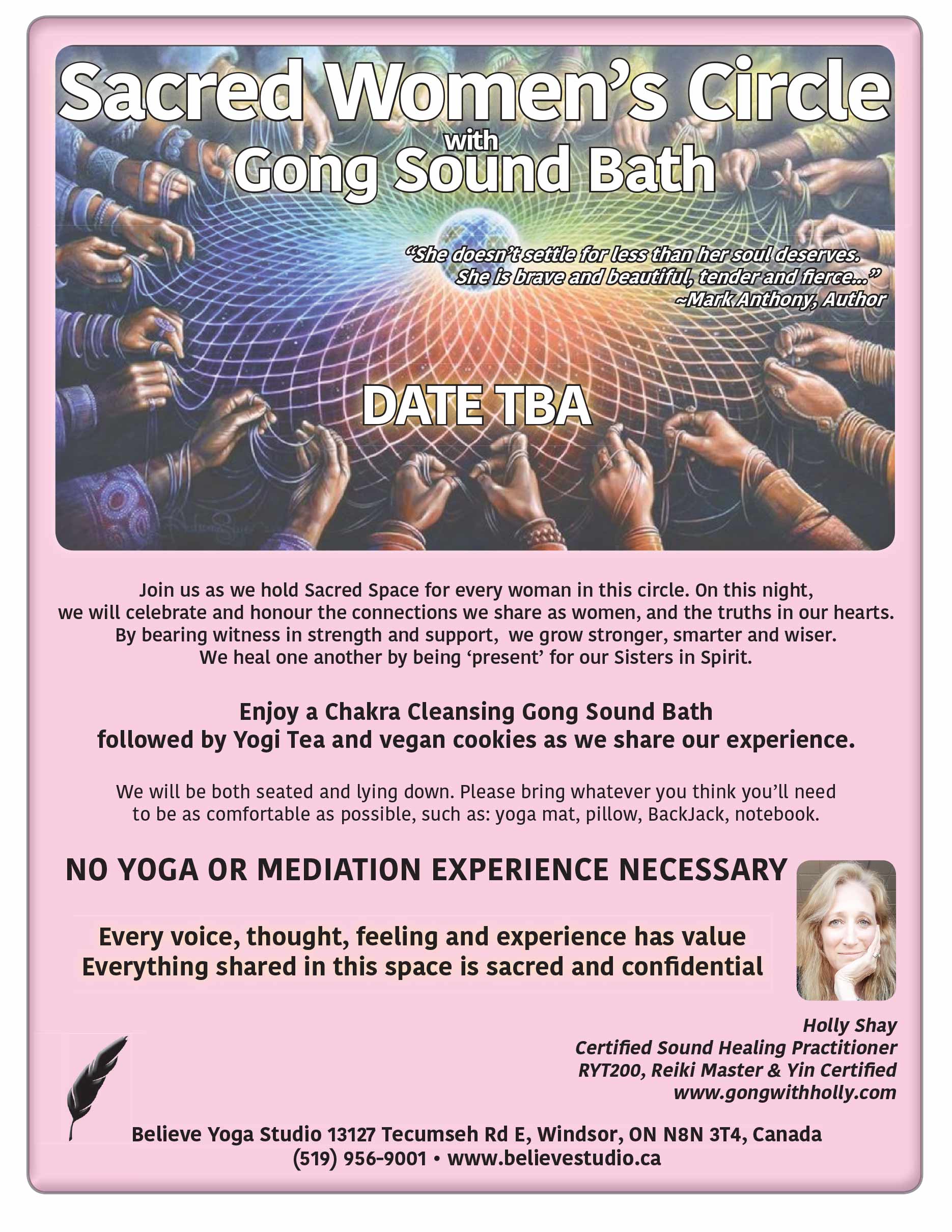 Sacred Women’s Circle with Gong Sound Bath, DATE TBA 7-9pm, Tecumseh, Ontario