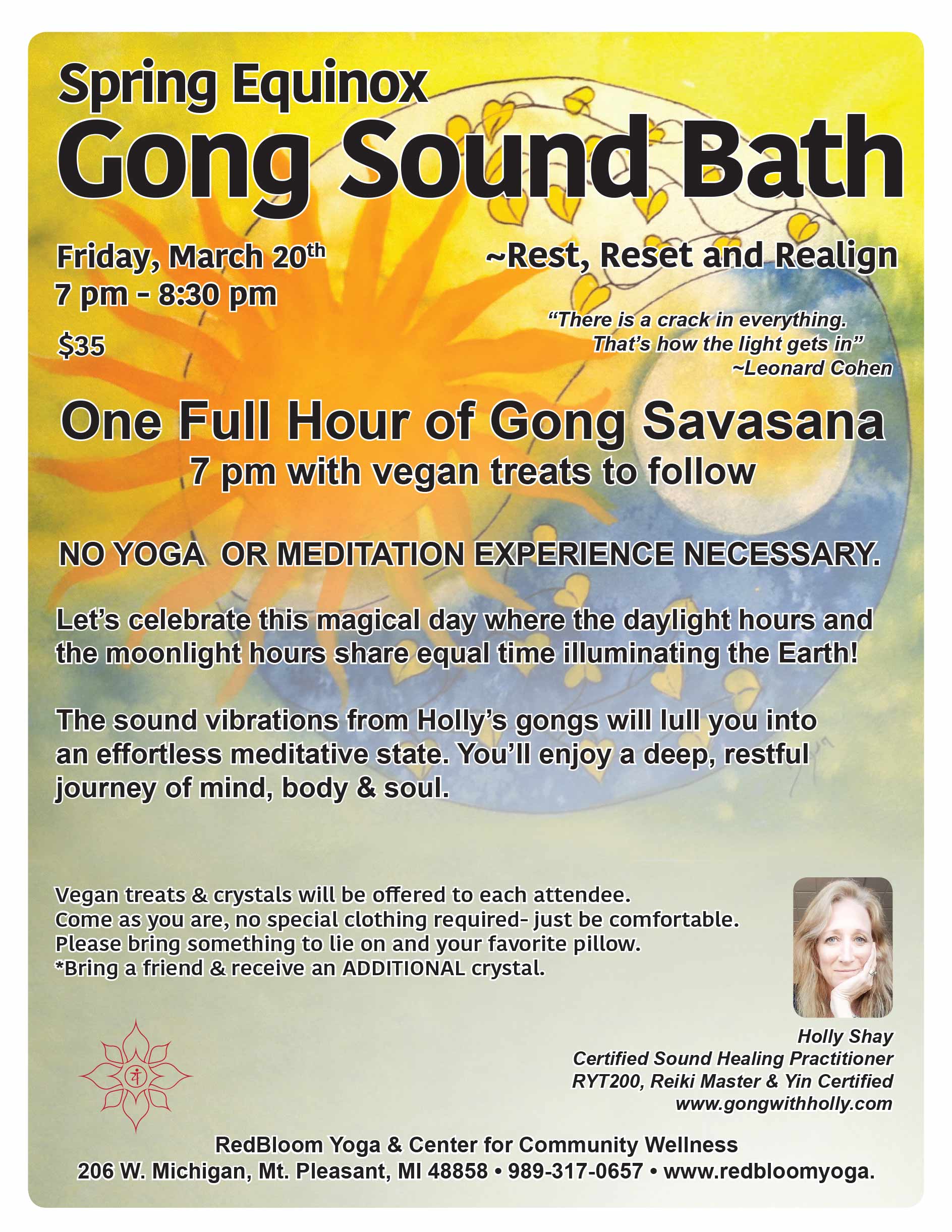 Gong Sound Bath,  March 20, Spring Equinox  RedBloom Yoga Mt. Pleasant, MI