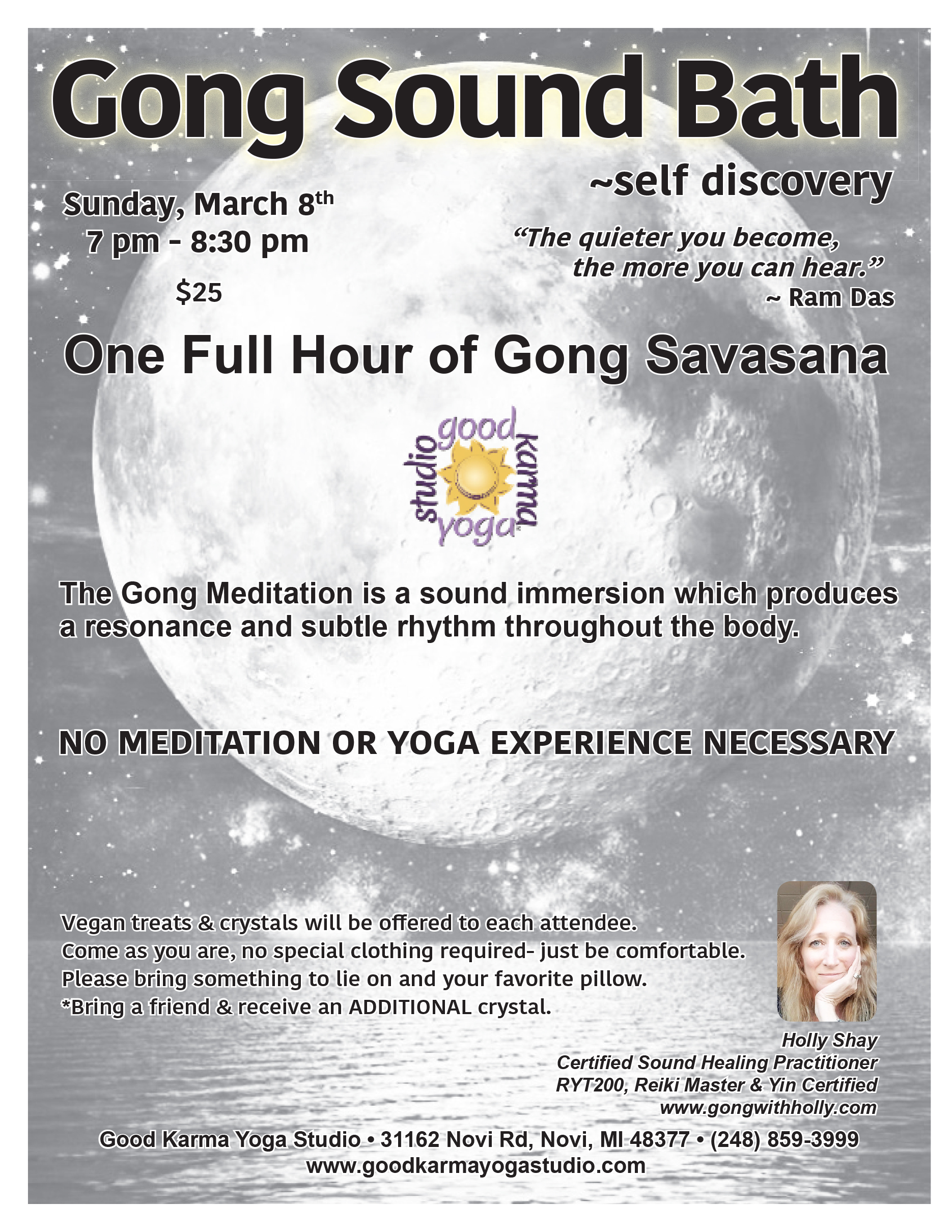 Gong Sound Bath, March 8, Good Karma Yoga Studio, Novi, MI