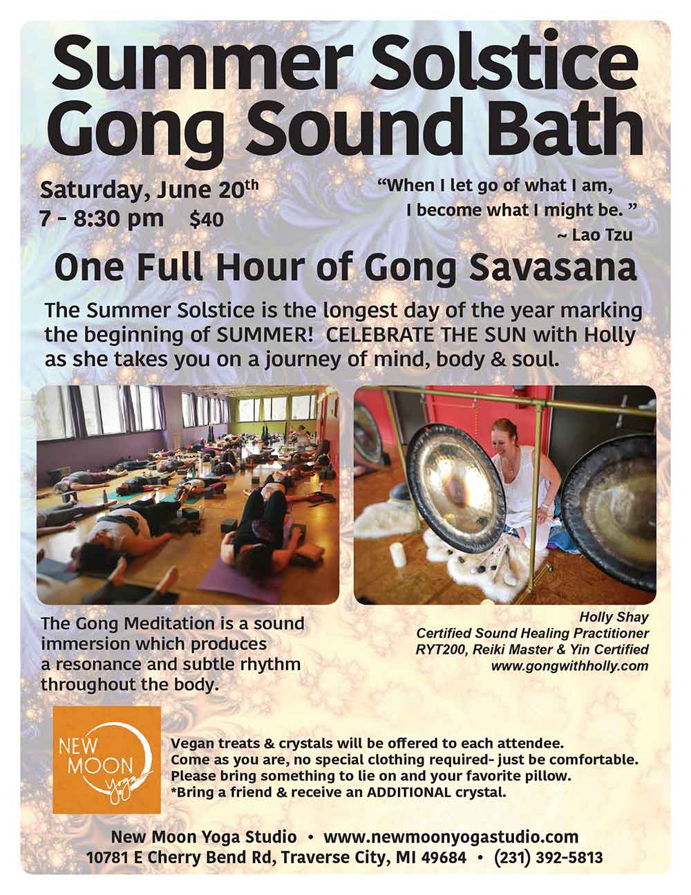 Gong Sound bath ~ Summer Solstice - June 20 - 7 - 8:30 pm - $40 - New Moon Yoga Studio Traverse City, MI