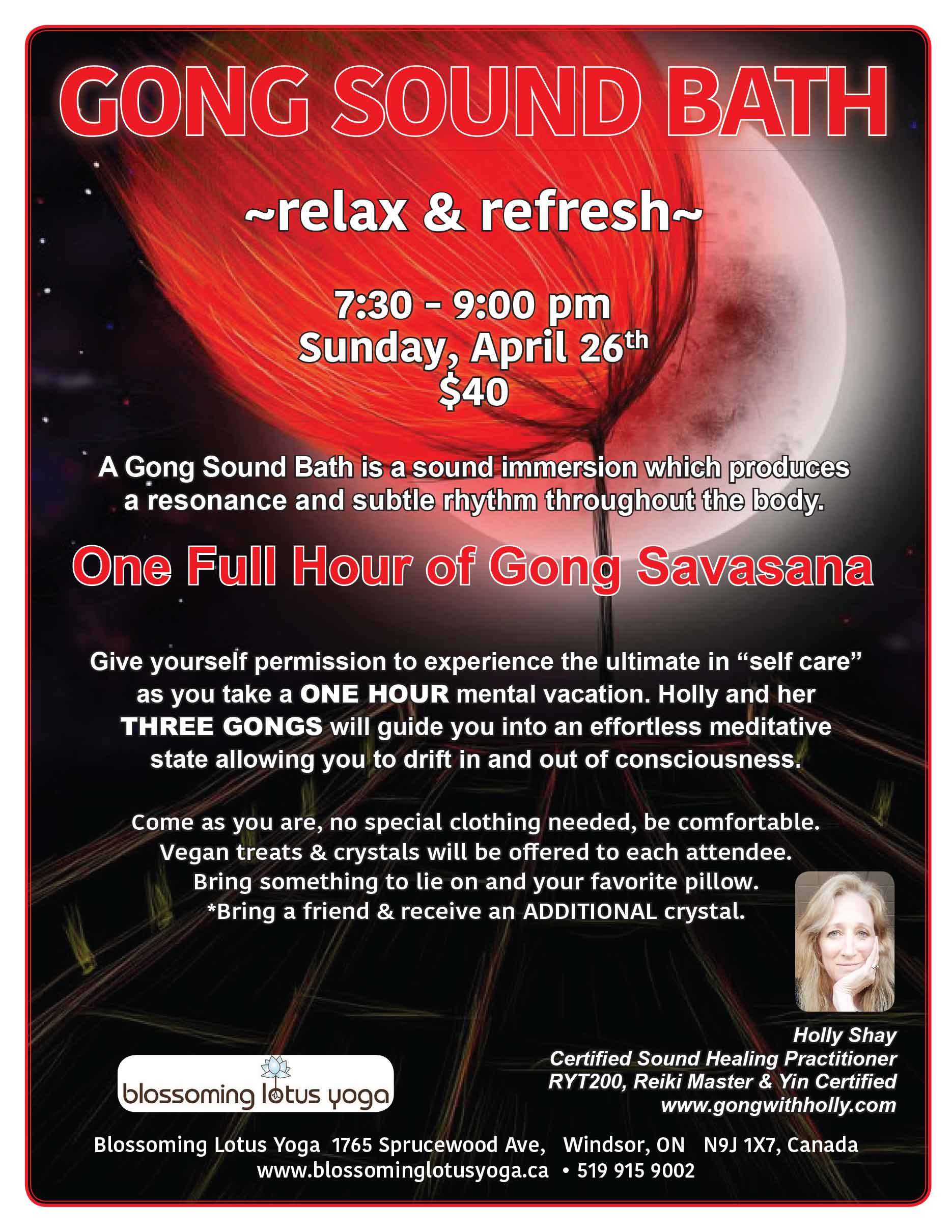 GONG SOUND BATH ~relax & refresh~ Sunday, April 26th - 7:30 - 9:00 pm - $40 - Blossoming Lotus Yoga - Windsor, ON