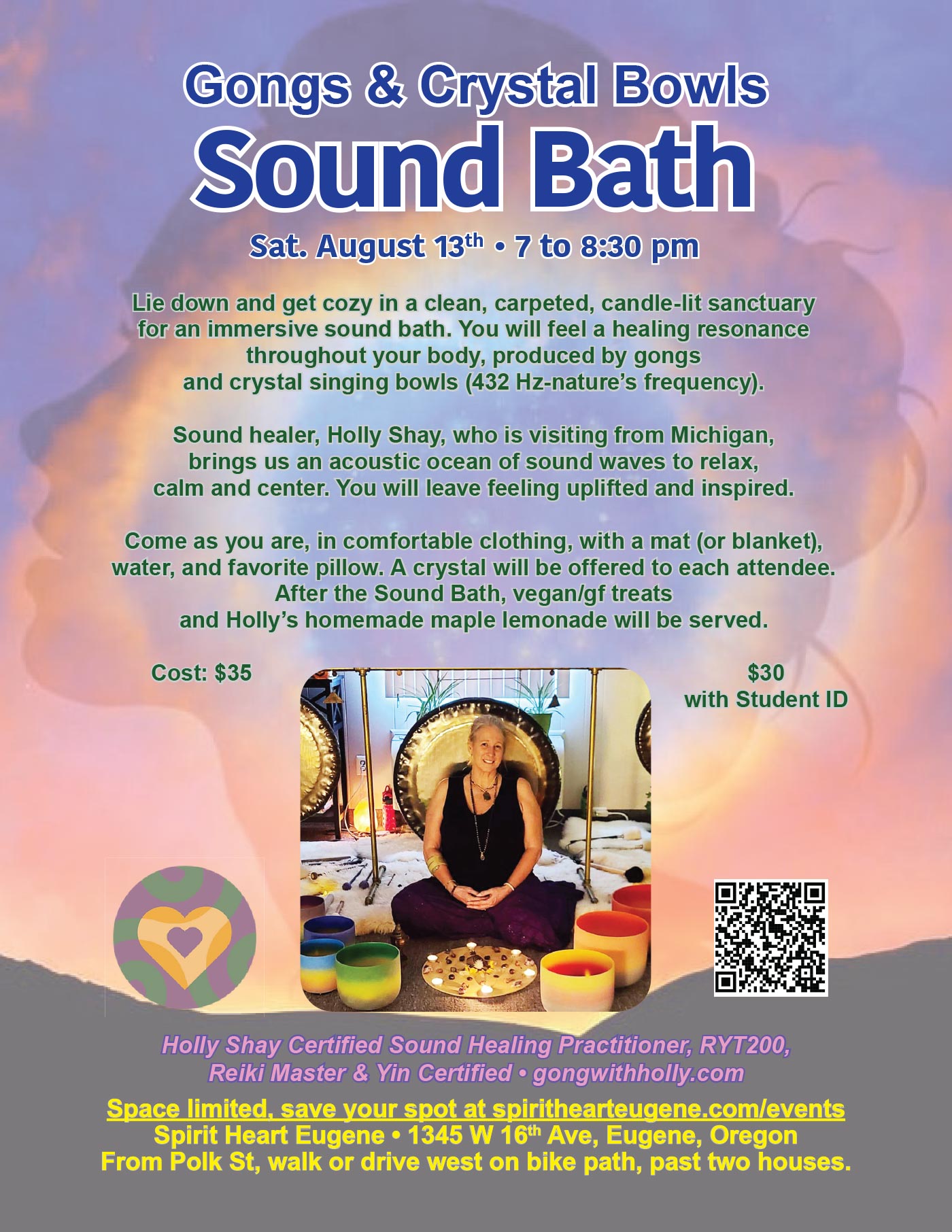 Gongs & Crystal Bowls Sound Bath, Aug. 13, Spirit Heart Eugene, Oregon